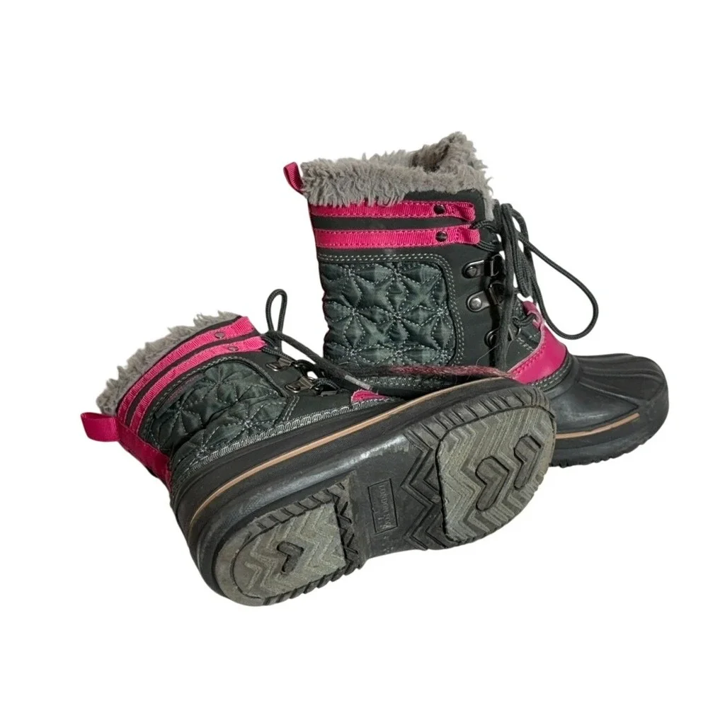 London Fog Girls Winter Snow Boots Gray Pink‎ Quilted Faux Fur Trim Waterproof